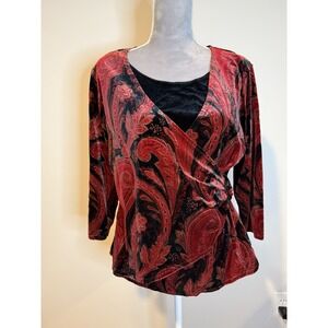 Elementz Whimsigoth Black Paisley Burnout Velvet Faux Wrap Blouse Top Sz PXL